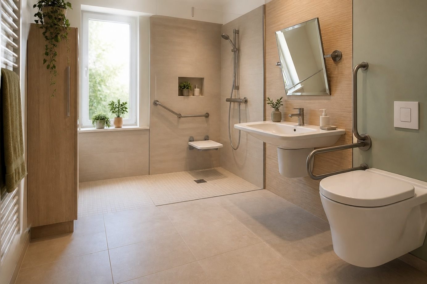 Salle de bain adaptée : douche de plain-pied avec siège rabattable, barres d'appui, lavabo et WC suspendus accessibles